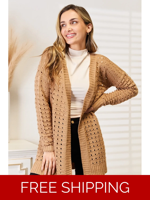 Woven Right Openwork Horizontal Ribbing Open Front Cardigan
